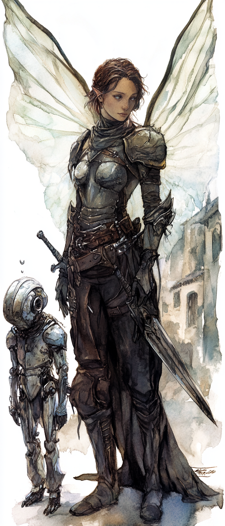 Fey adventurer in leather armor with metal golem friend.