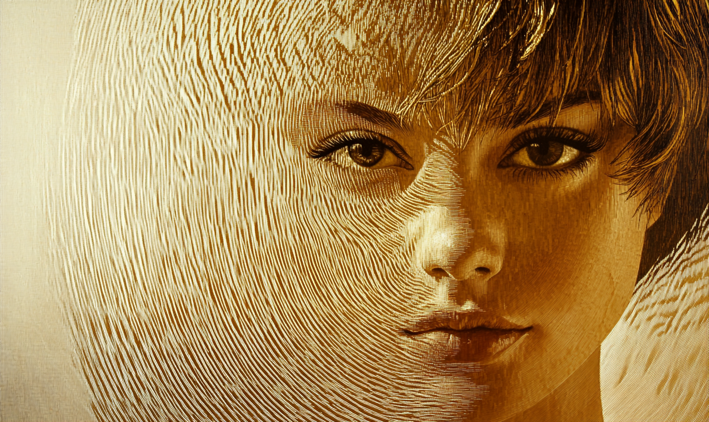 Fibonacci Division Oil Painting: Woman's Face Close Up - Abstract Voxel Style Engraving.