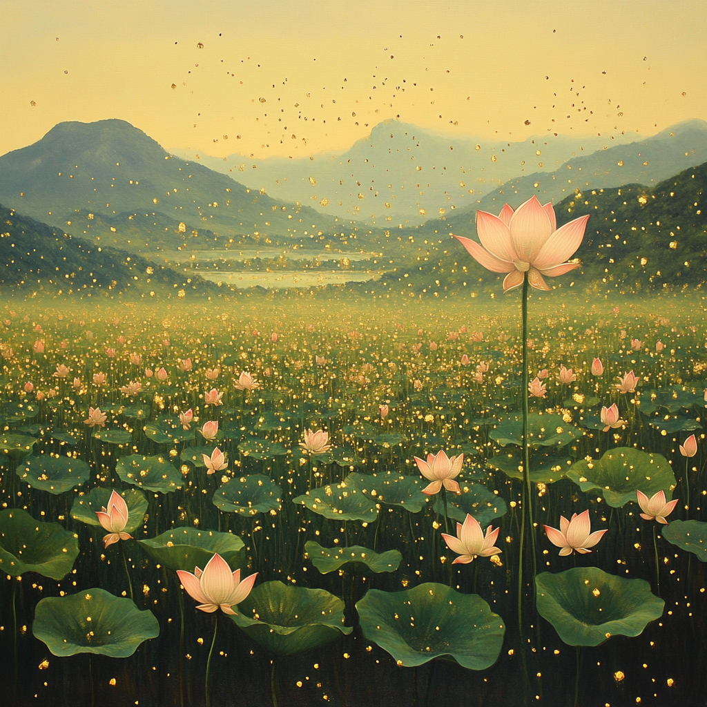 Field of blooming lotus flowers, one stands tall.