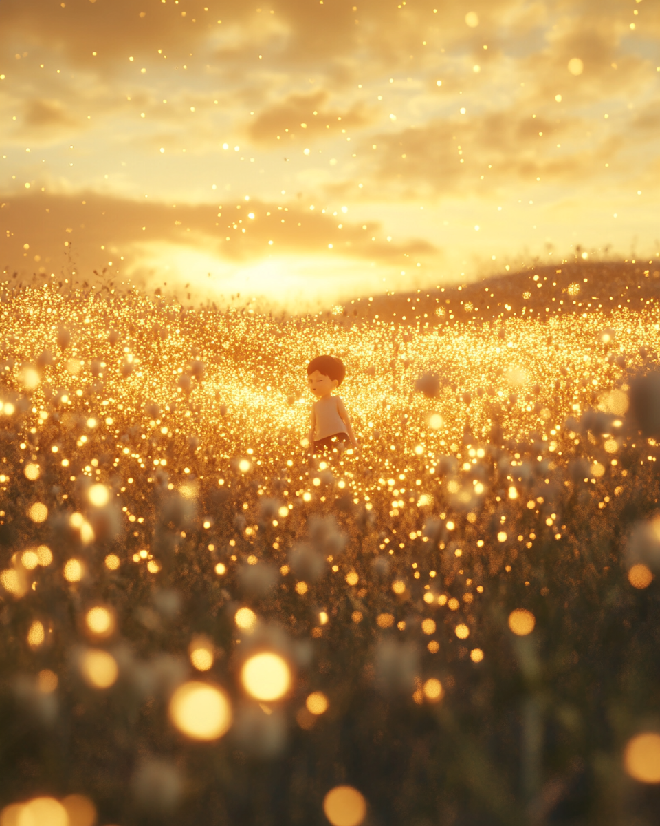 Field of children shining with light, golden sky above.