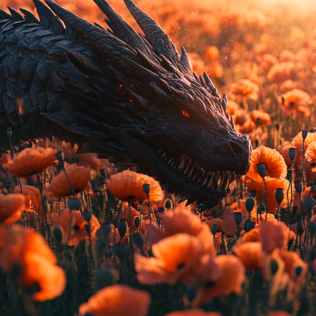 Field of poppies, black dragon's wide head behind flower.