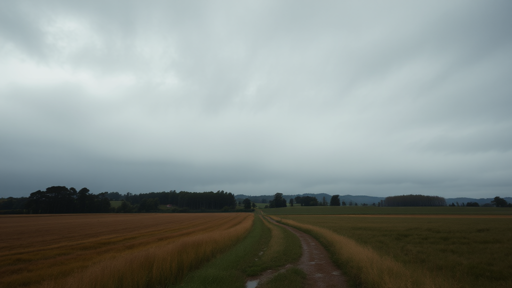 Field with a path in rainy landscape under clouds.