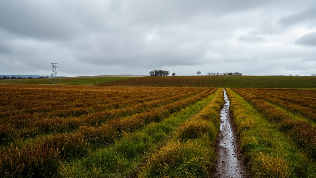 Field with path on rainy day.