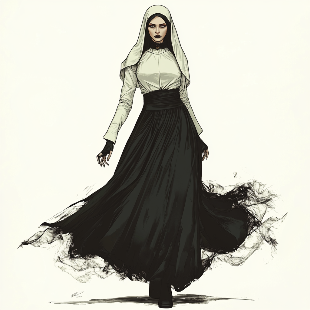 Fierce Catholic Nun Female Superhero Full Body Skirt White Background Charlie Bowater Style