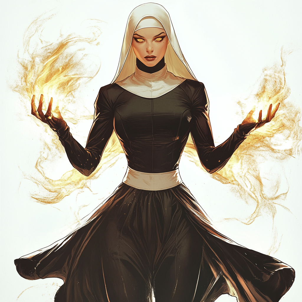 Fierce Catholic Nun Superhero with Glowing Hands Art