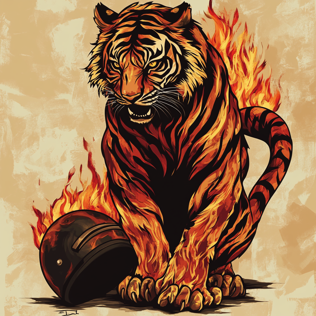 Fierce Tiger with Flaming Fur and Helmet