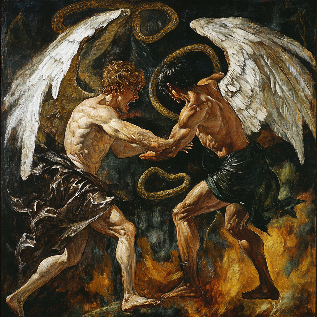 Fierce battle between winged demon and angel, dark background.