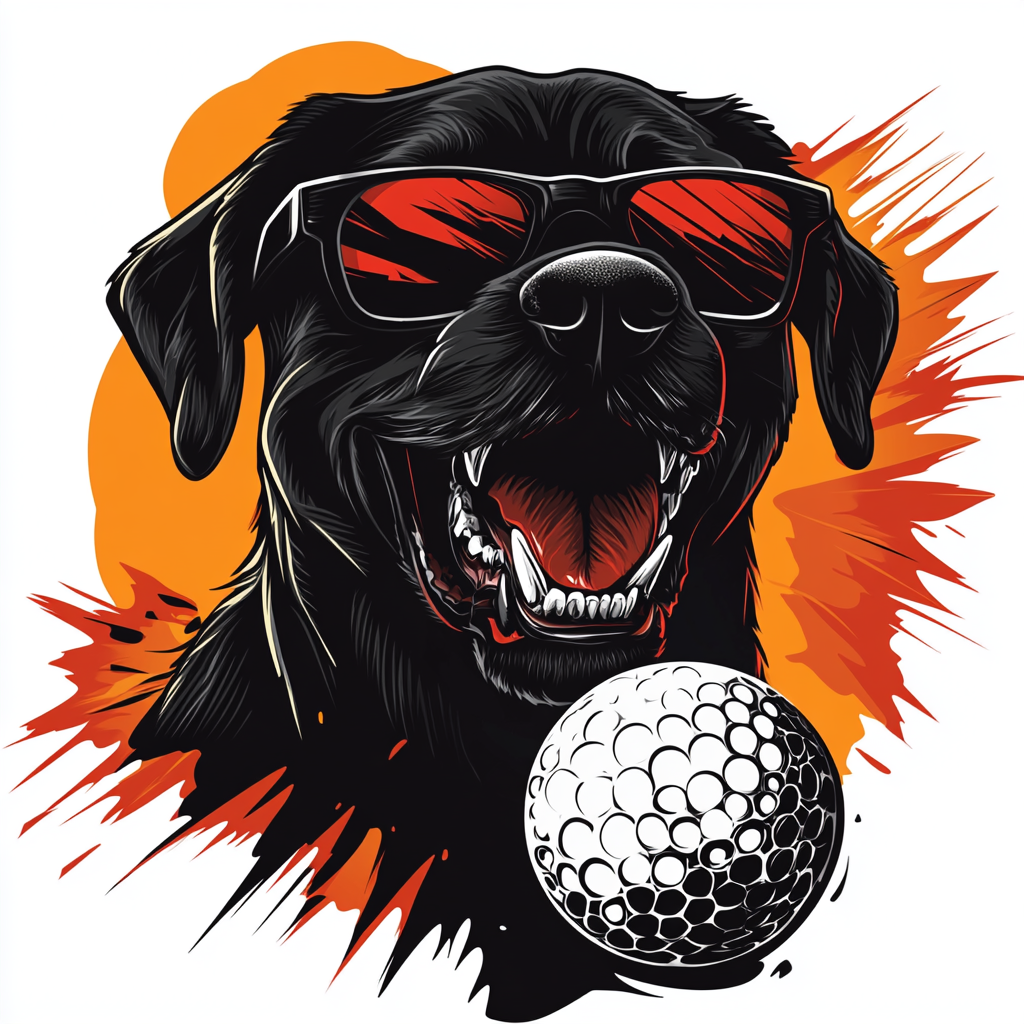 Fierce black Labrador Retriever biting golf ball, wearing sunglasses.