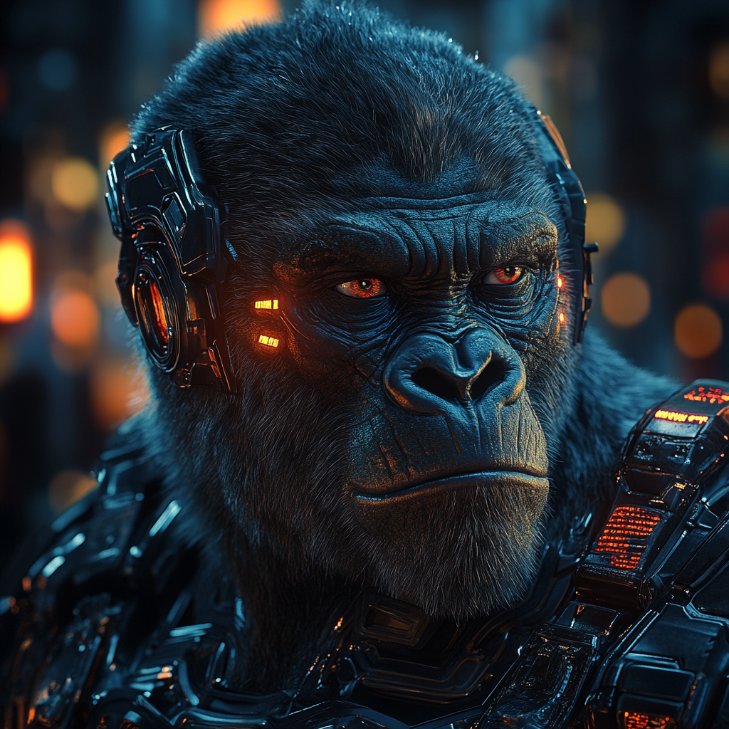 Fierce cyborg gorilla with angry look and energy.