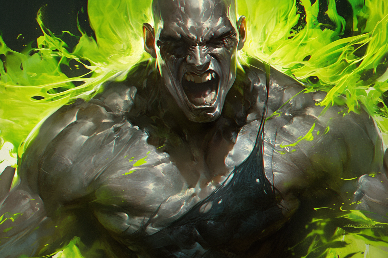 Fierce grey giant man with green energy rage face.