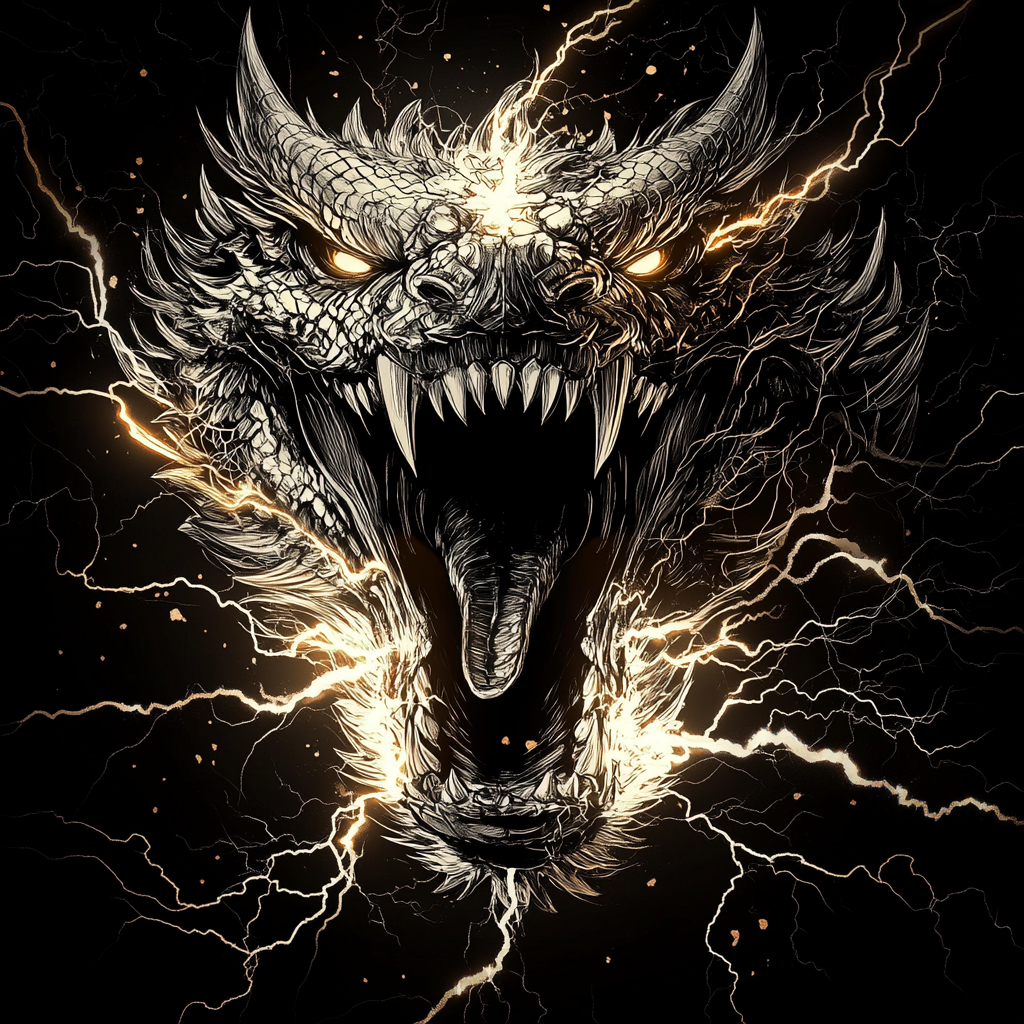 Fiery Dragon Emitting Lightning, Black and White