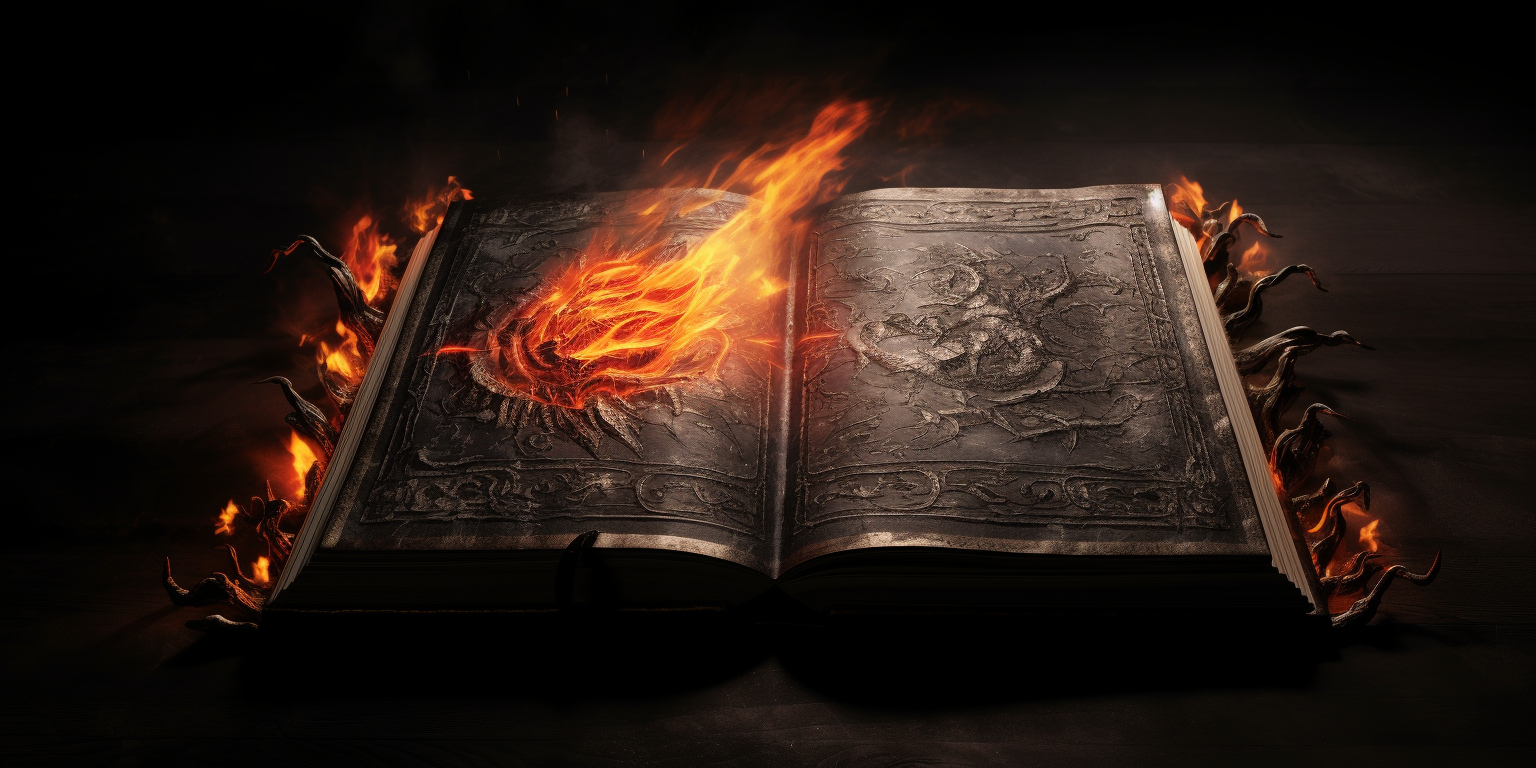 Fiery Flames Surround Old Silver-Embossed Black Book