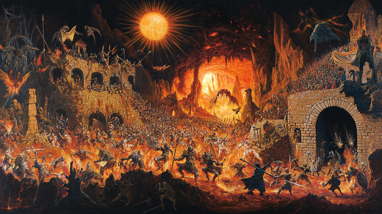 Fiery fae battle in hell with mythical creatures, knights.