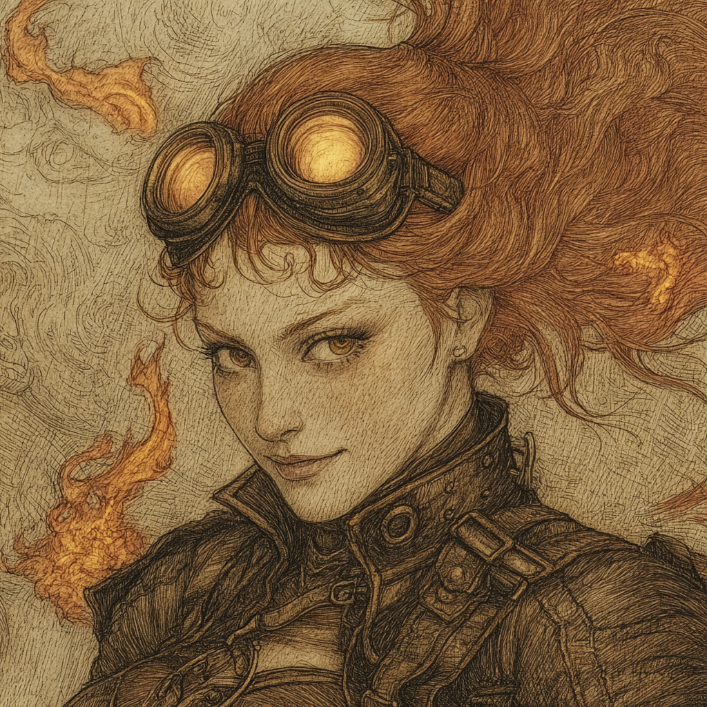 Fiery-haired Pyromancer in Leather Armor Goggles Sultry Wink