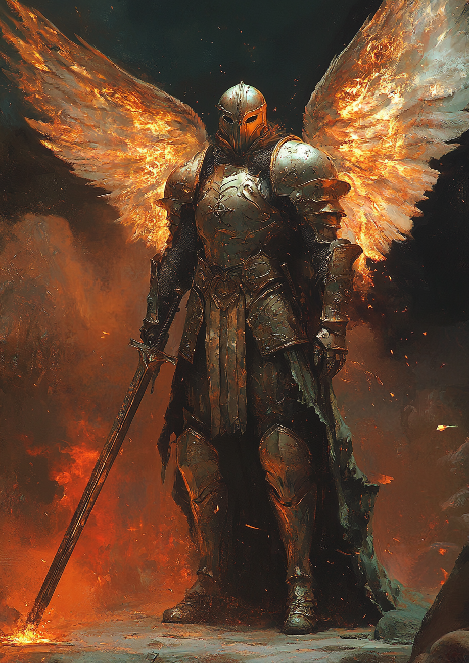 Fiery-haired fire giant priestess in medieval fantasy armor.