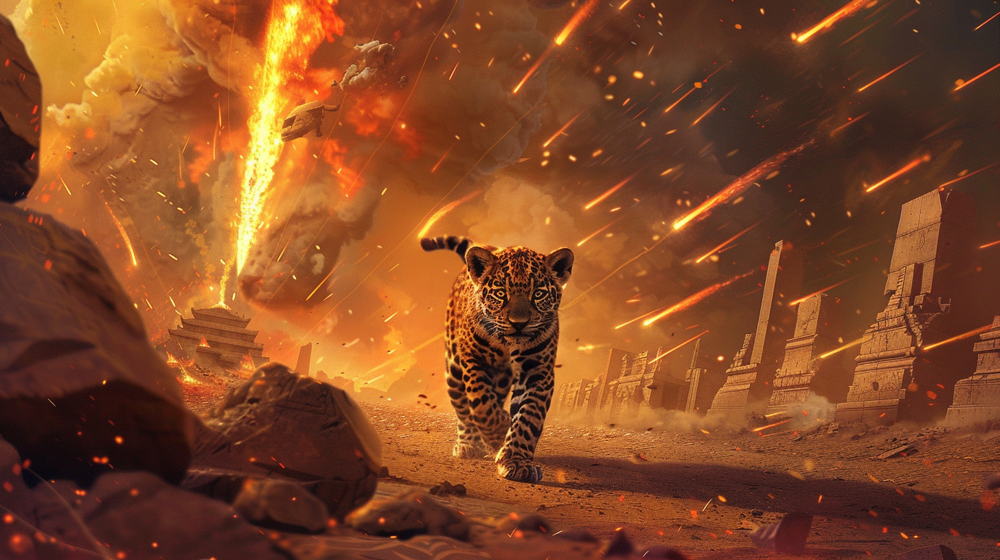 Fiery jaguar cub and ancient city under attack.