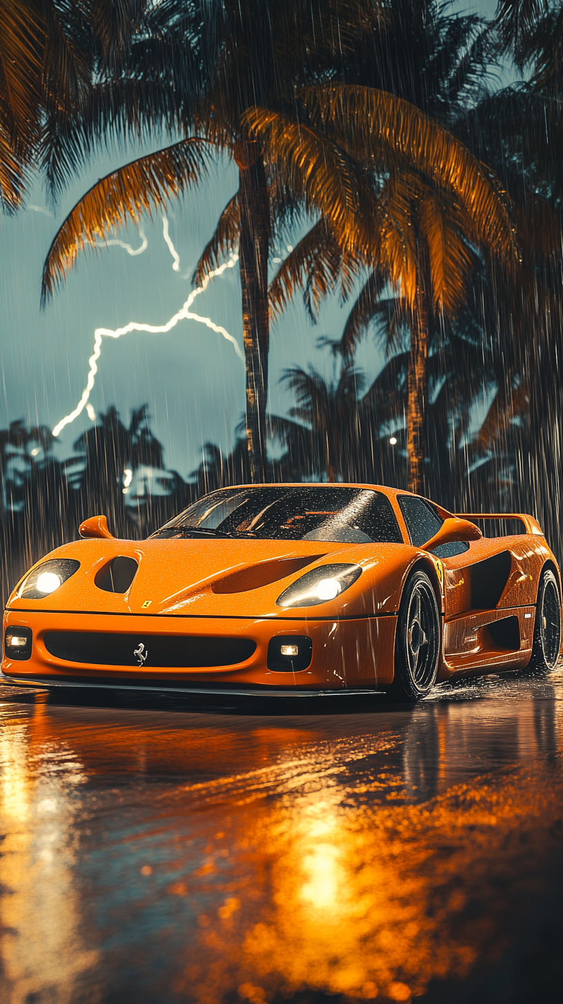 Fiery orange Ferrari F50 racing through tropical rainstorm.