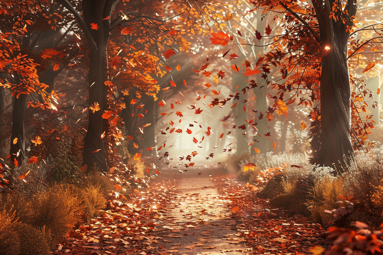 Fiery orange and red leaves fall in autumn forest.