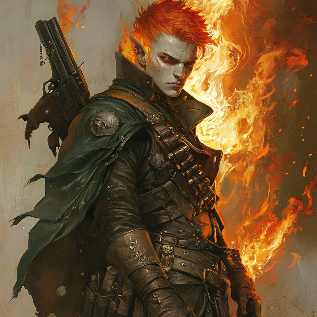 Fiery pale genasi in green cloak with rifle.