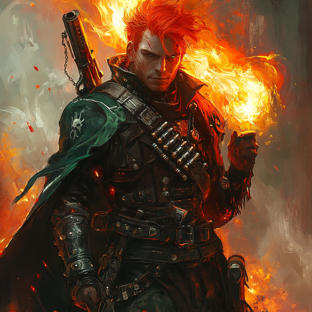 Fiery red-haired gunslinger in green cloak, dangerous and confident.