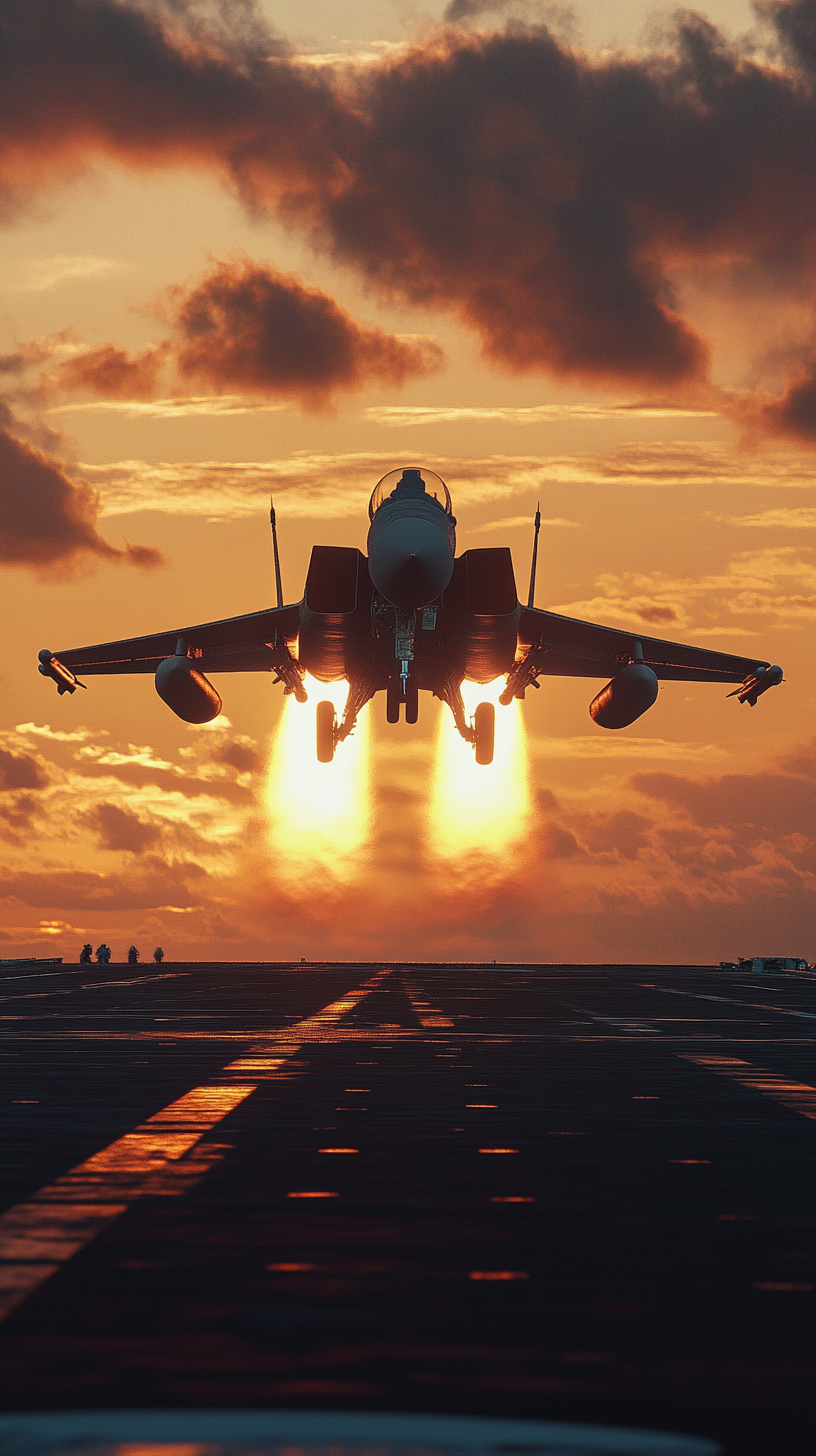 Fighter jet taking off from aircraft carrier at sunrise.