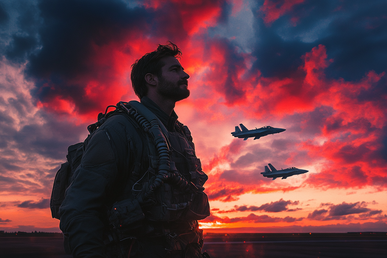 Fighter pilot in front of squadron, sun setting colors.