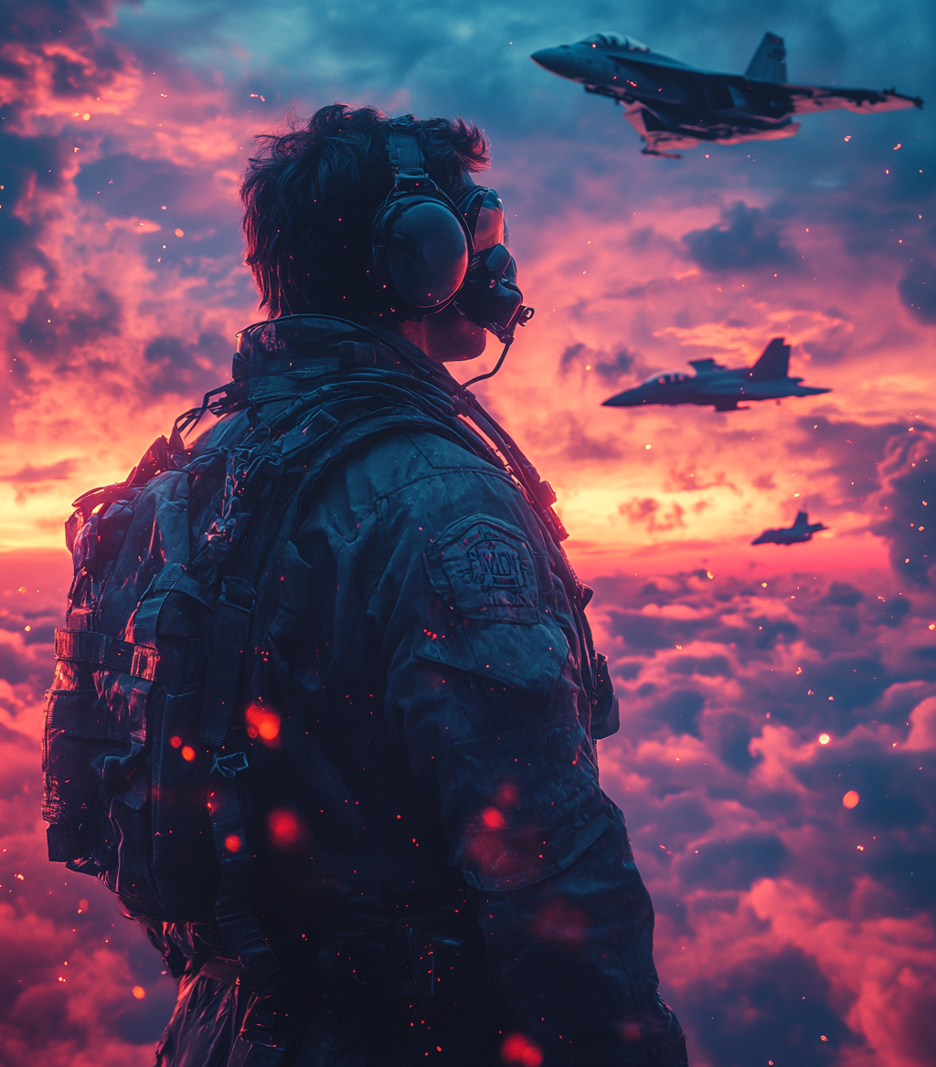 Fighter pilot in front of squadron with sunset background.