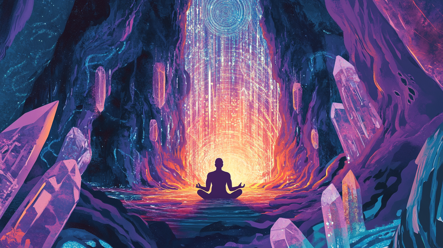 Figure Meditating in Sacred Crystal Cave