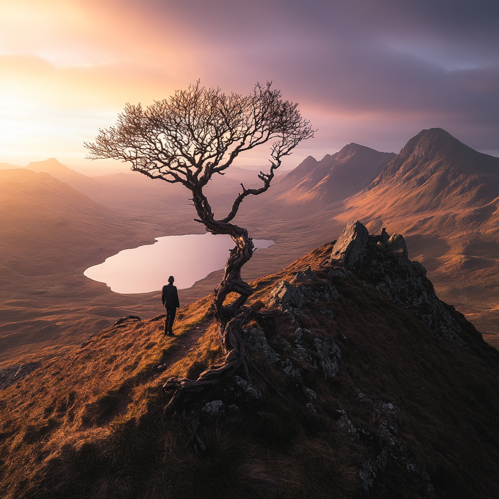 Figure admiring view of mountain and lake