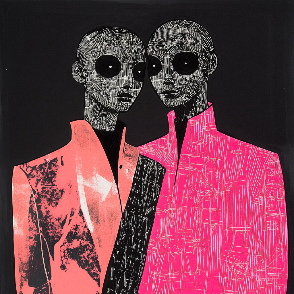 Figures in Neon Pink and Futuristic Attire