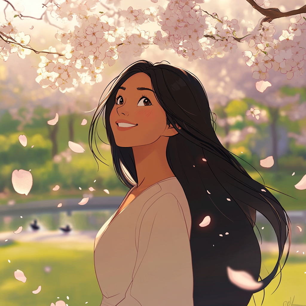 Filipino woman under cherry blossom tree in anime style