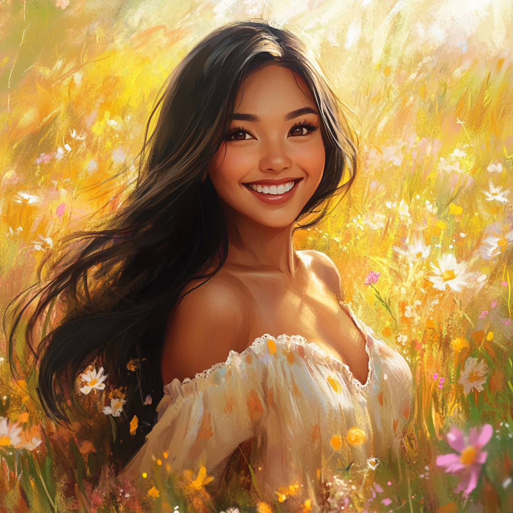 Filipino woman with black hair in wildflower field portrait.