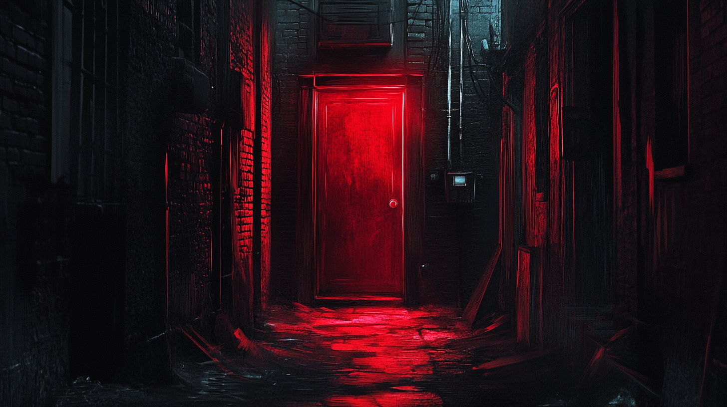 Film Noir Style Alleyway with Glowing Red Door in New York City