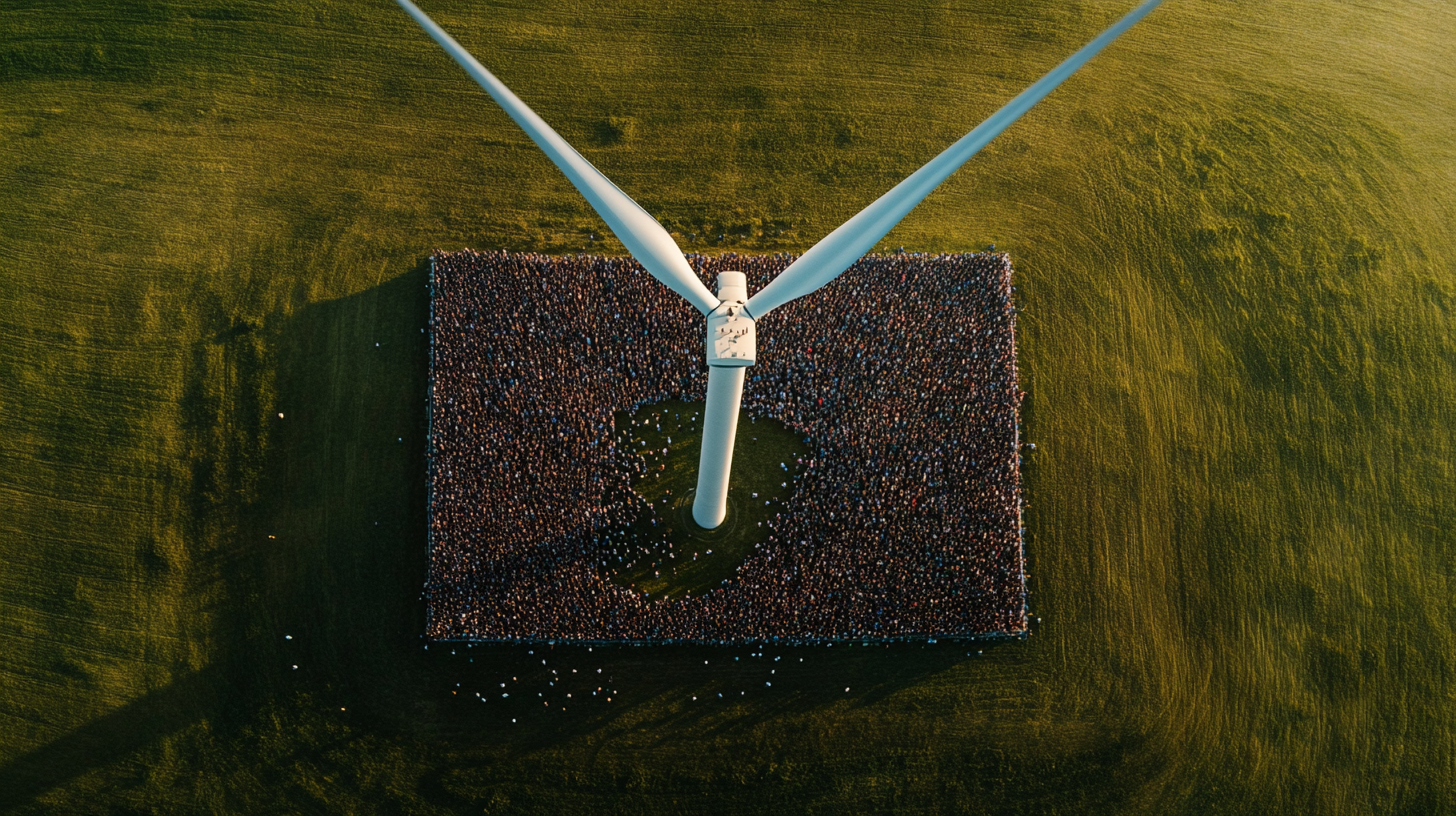 Film of wind turbine in green pasture, crowd watching.