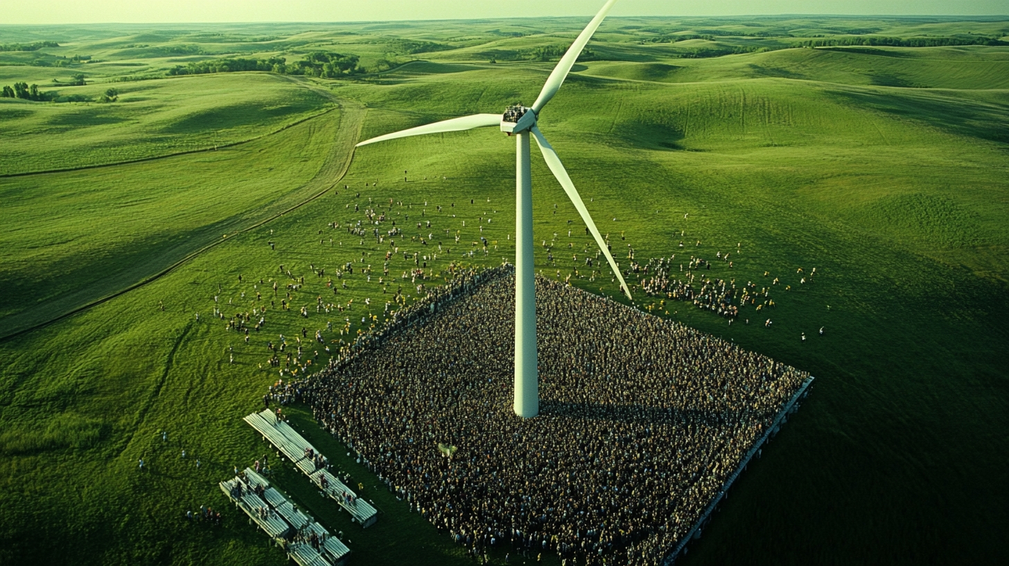 Film scene with wind turbine, bleachers, crowd, shot wide.