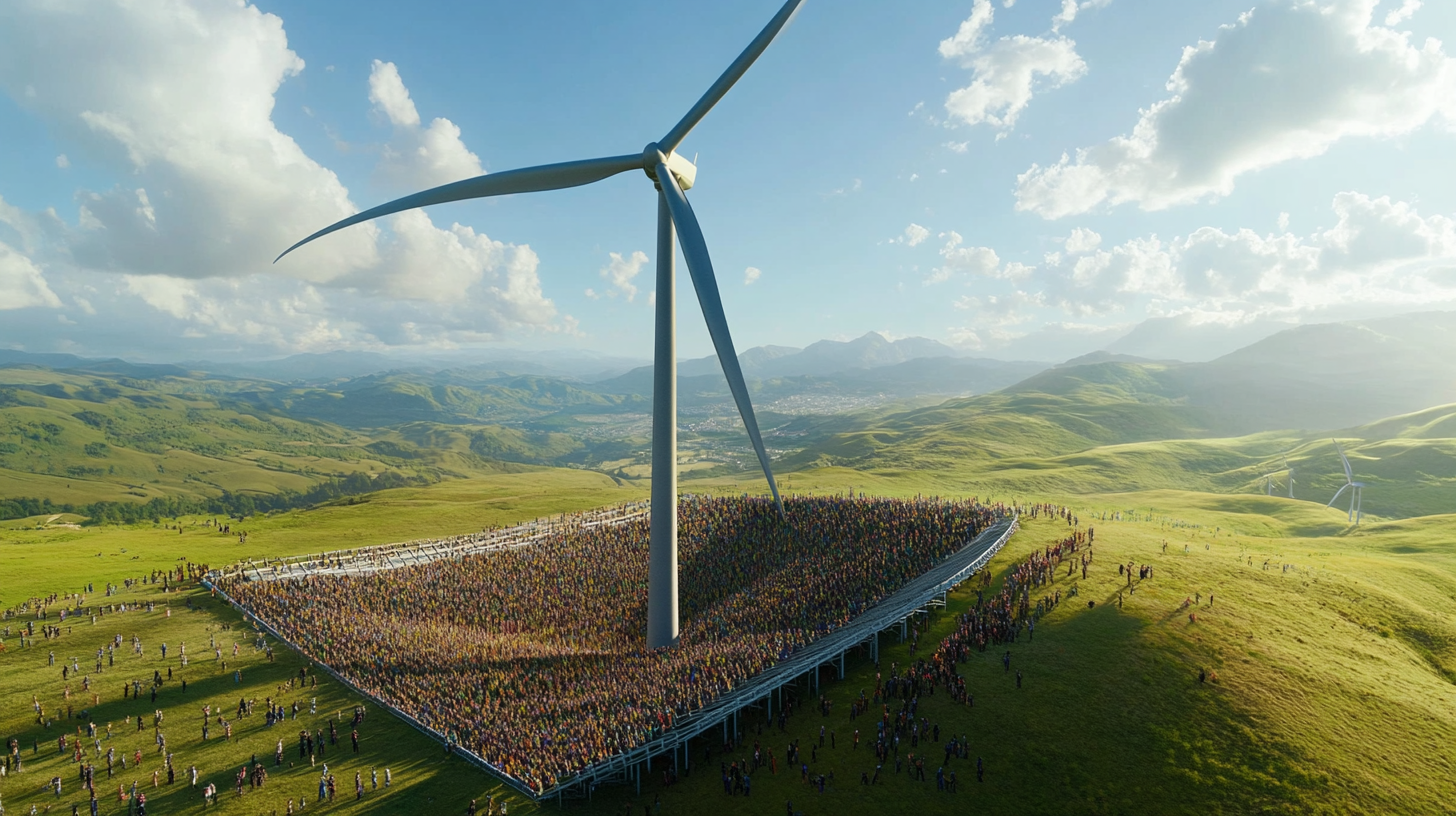 Film scene with wind turbine, crowd on bleachers.