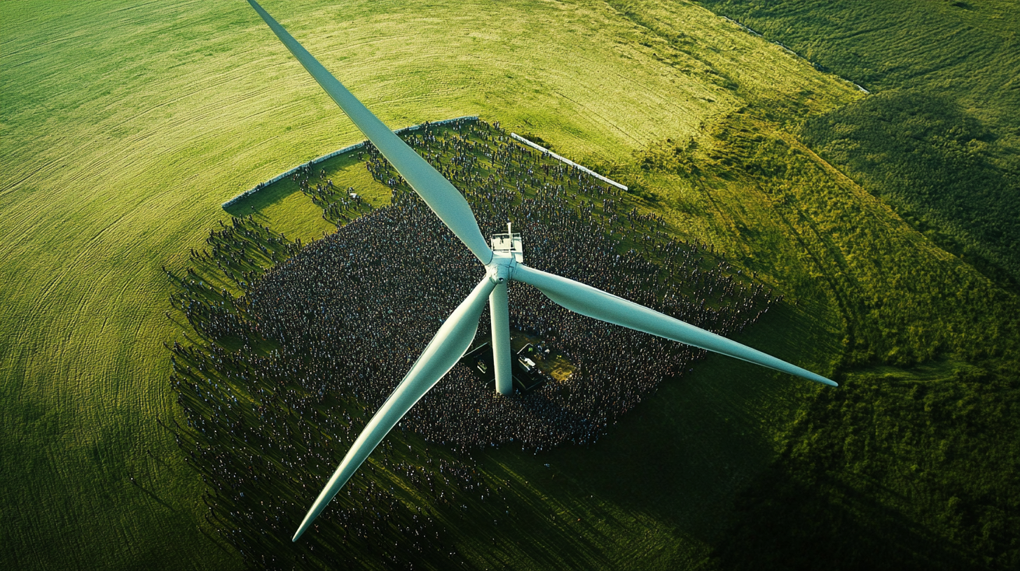 Film still of crowd near wind turbine outdoors.