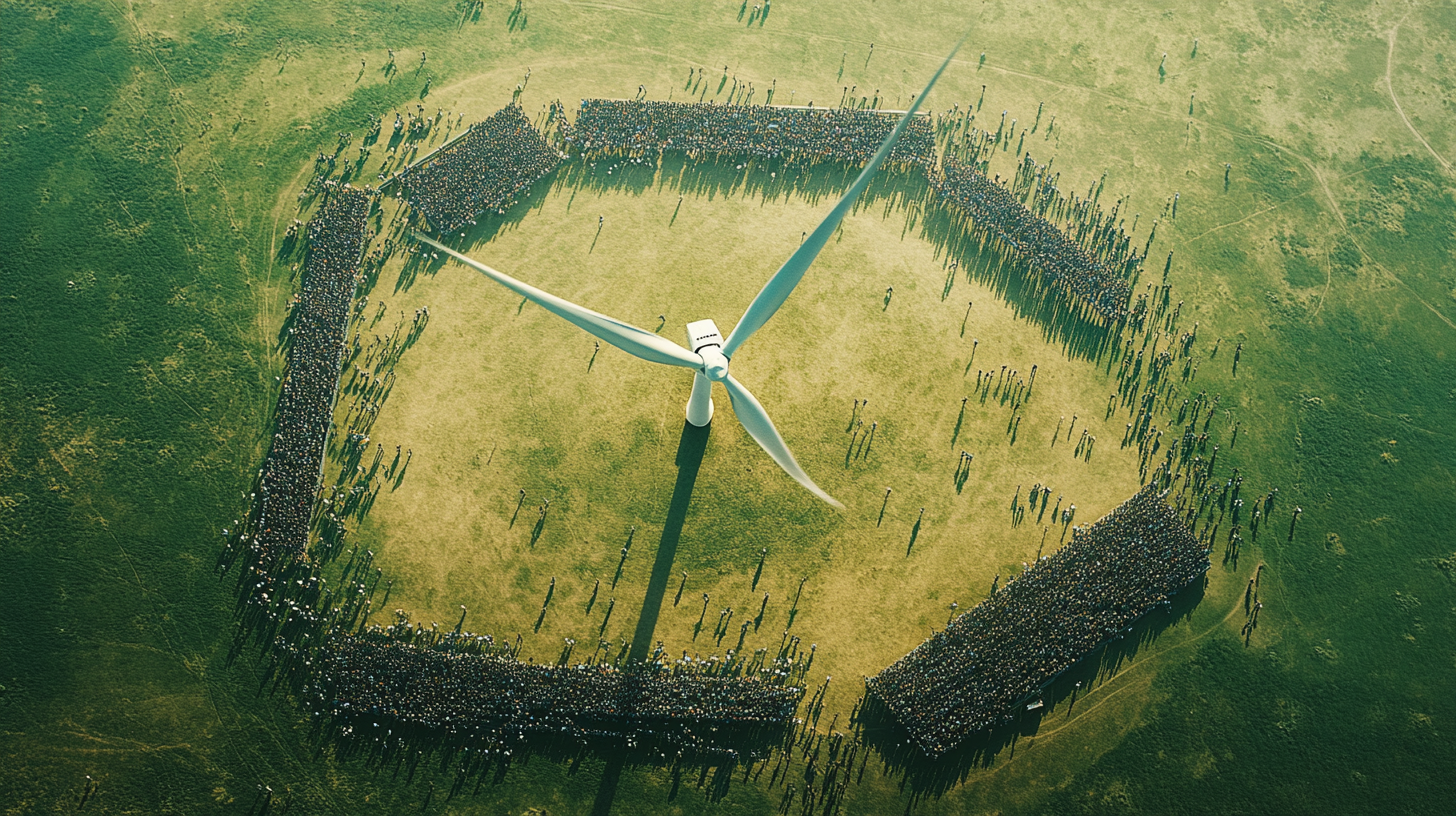 Film still of wind turbine in green field, crowd.