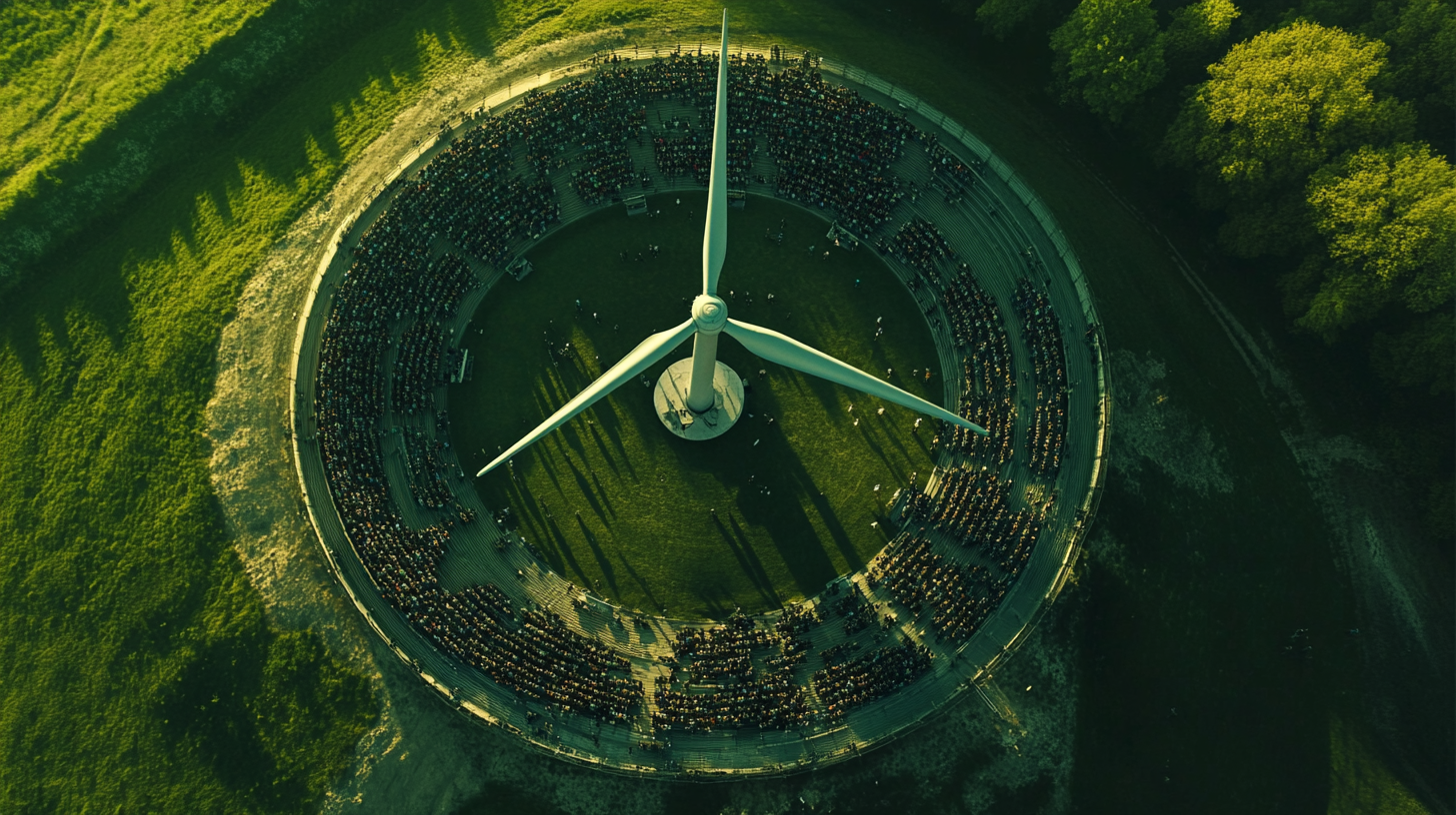 Film still with crowd around wind turbine.