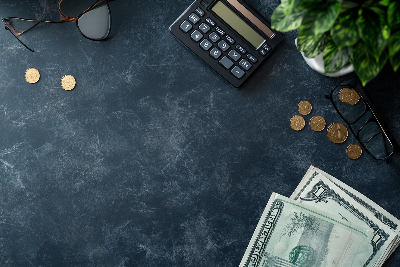 Desk with Money, Coins, Calculator