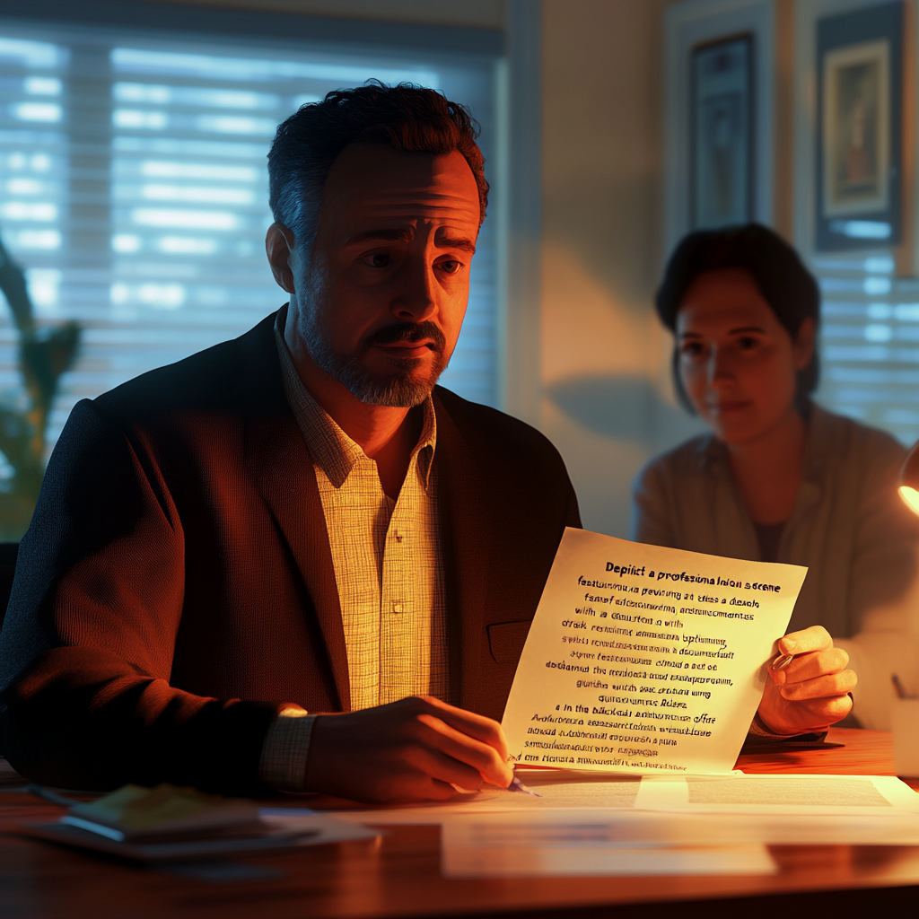 Financial documents reviewed at desk, advisor offers guidance calmly.