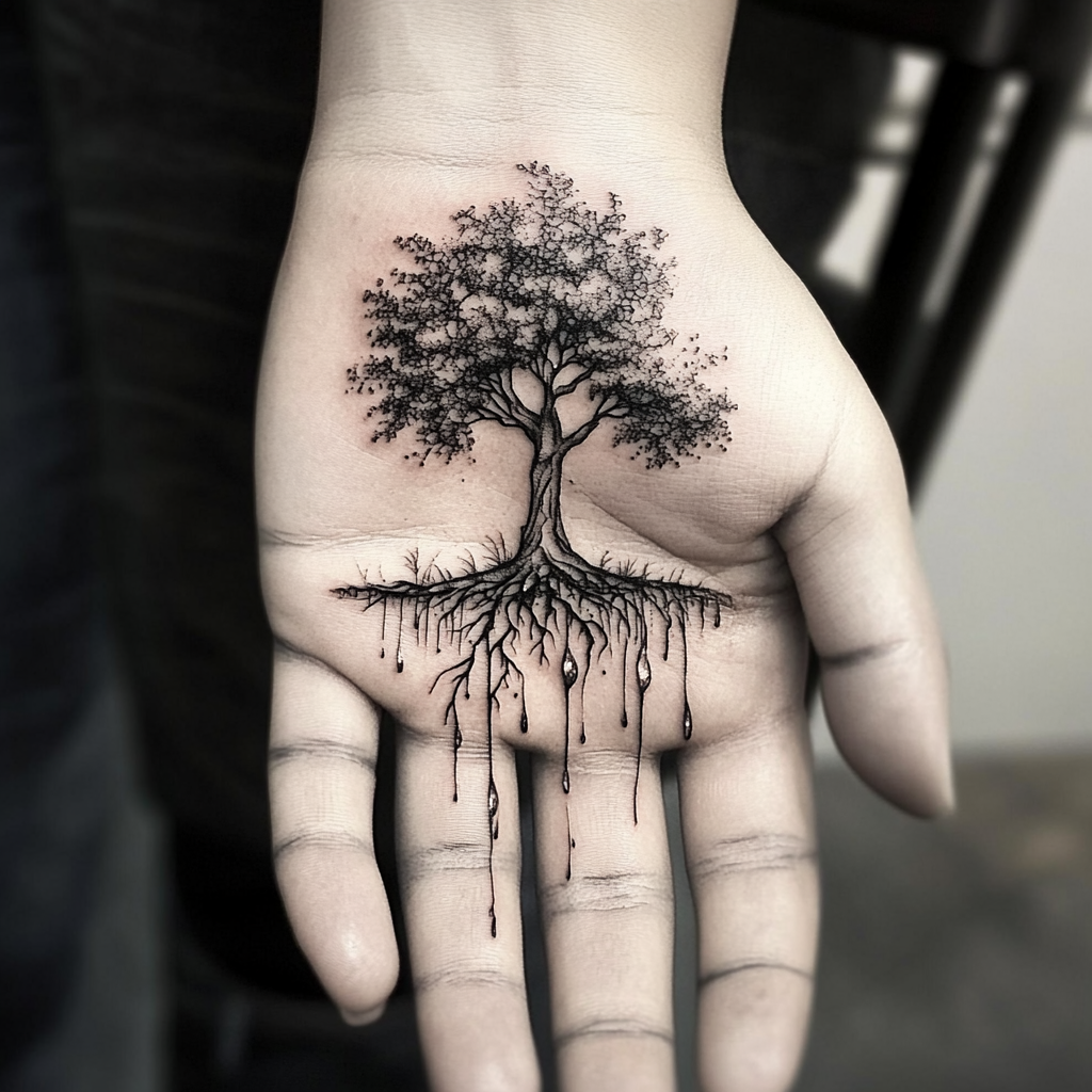 Fine line tattoo of healthy tree on hand palm.