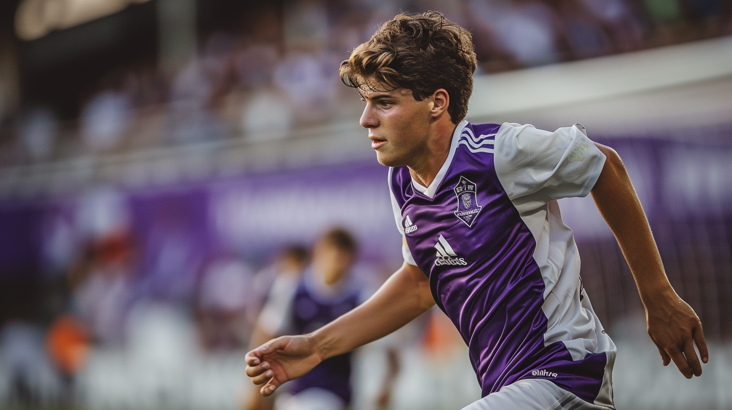 Fiorentina football player dribbling on right wing, dynamic shot.