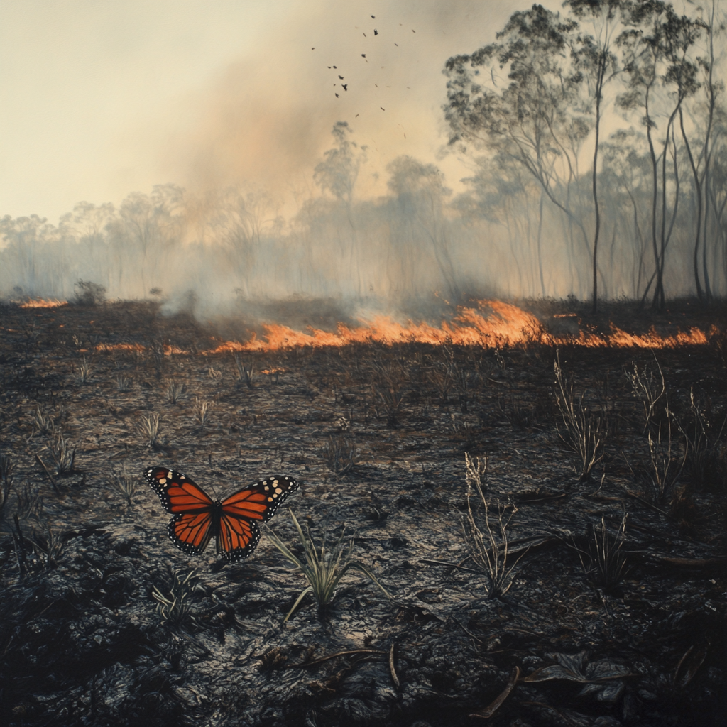 Fire burned through Australian landscape, green grasses regenerate. Butterfly returns.