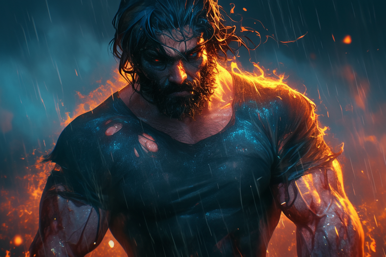 Fire engulfed, thunderstorm, muscular man in torn shirt.