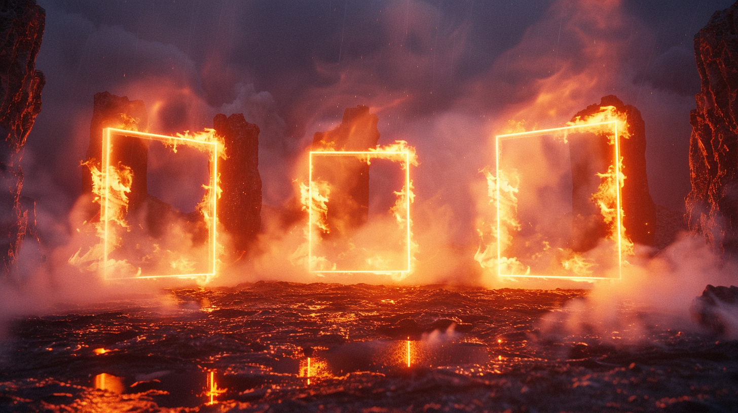 Fire frames hover above steamy volcanic rock. Unreal Engine.