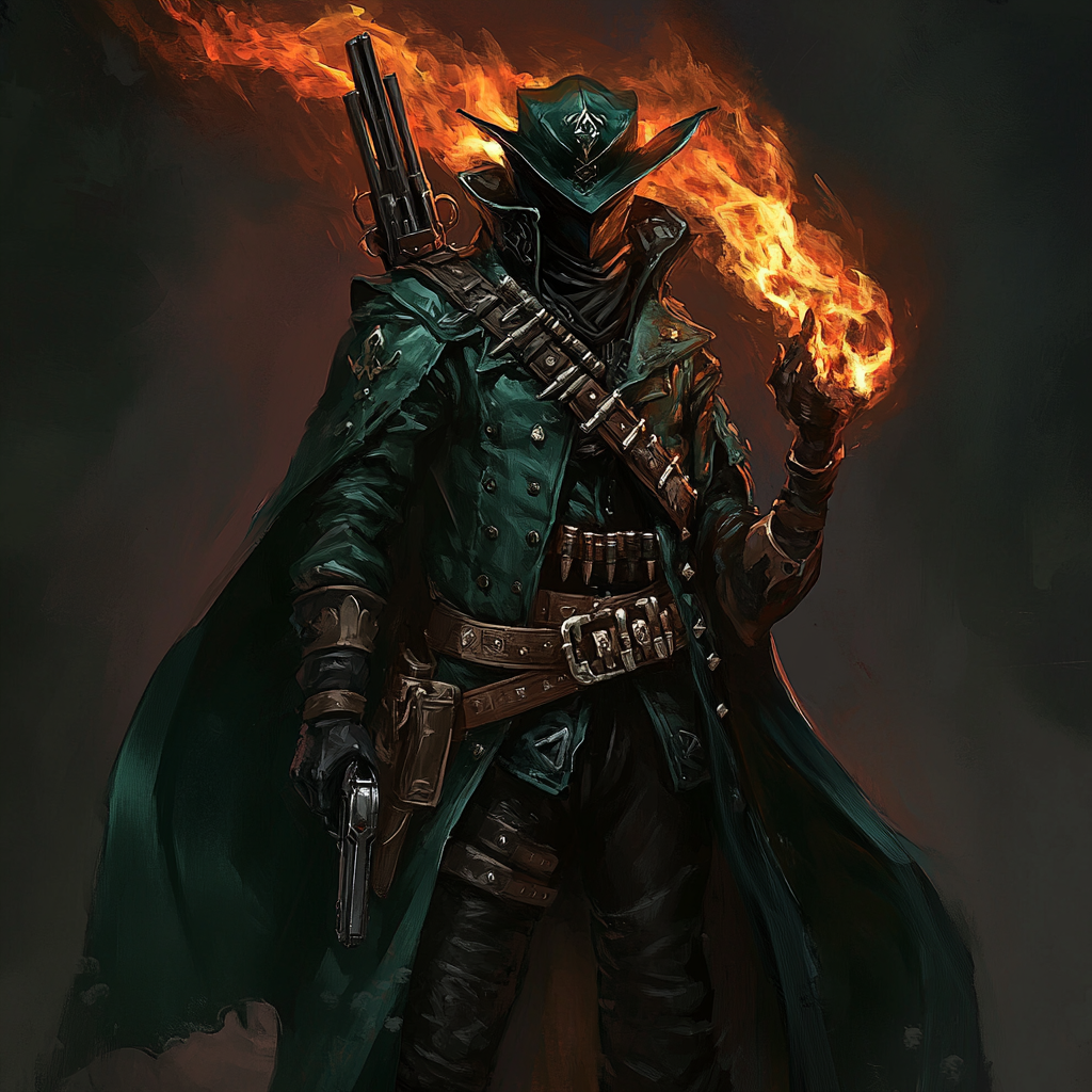 Fire genasi in green cloak, gunslinger with flame rifle.