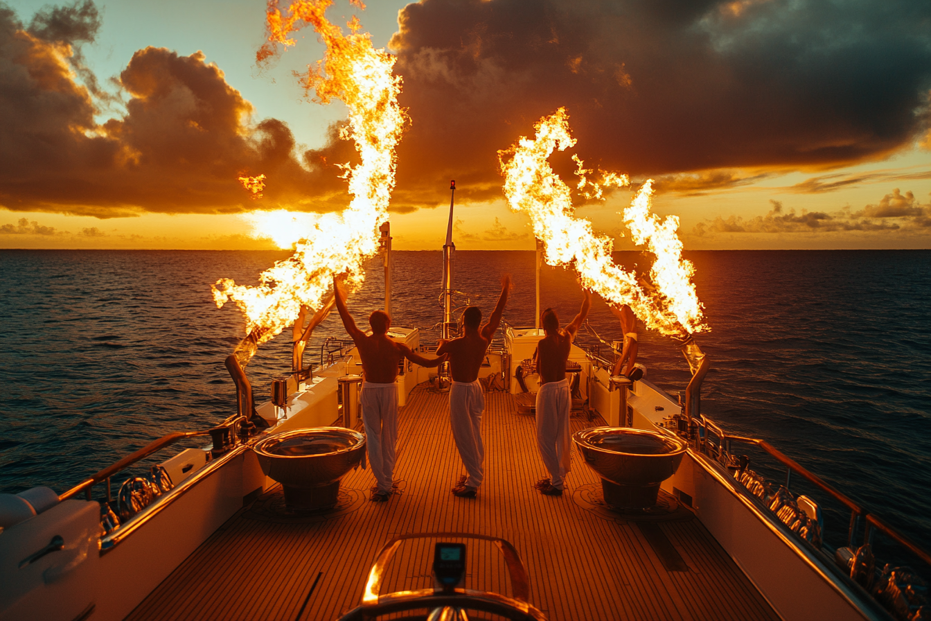 Fire performers on luxury yacht with tropical island backdrop.