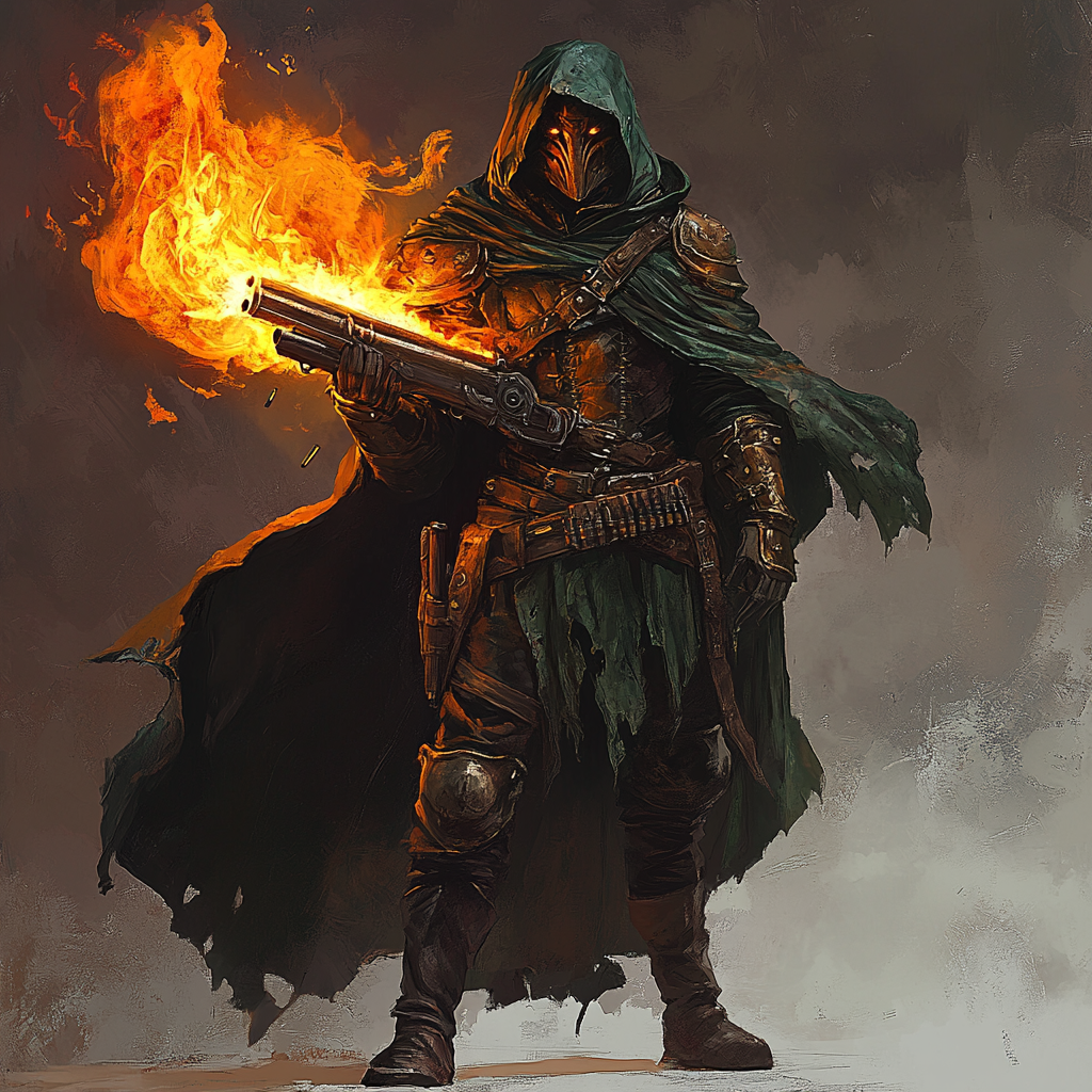 Fire-skinned gunslinger in studded leather armor, flame rifle.