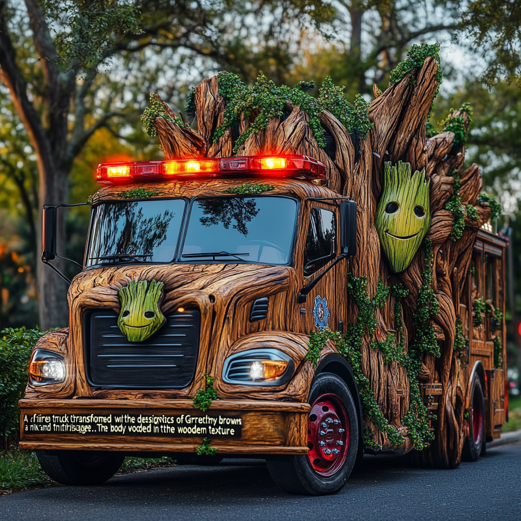 Fire truck transformed into Groot: natural design, glowing headlights.